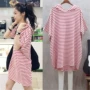 Thai sản áo sơ mi ngắn tay Hàn Quốc phiên bản của phần dài là mỏng phụ nữ mang thai T-Shirt lỏng kích thước lớn sọc váy mùa hè áo khoác bầu