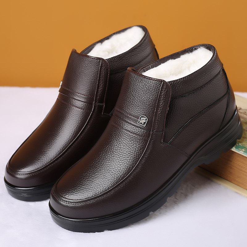 913 Brown (Sleeve)cotton-padded shoes male winter keep warm Plush thickening genuine leather wool man lined shoe Middle aged and elderly non-slip the elderly Dad shoes