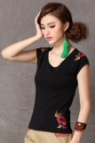 Этническая хлопковая футболка, топ, этнический стиль, большой размер, китайский стиль, короткий рукав, с вышивкой