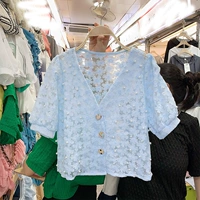 Модная рубашка, короткий жакет, рукава фонарики, короткий рукав, в корейском стиле, 2021 года, V-образный вырез