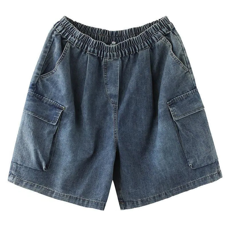 Elastic waist, large pocket, wide leg, five-inch denim shorts for women's summer, 2022 new style, retro loose mid-length pants Item Picture