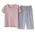 Bộ đồ ngủ hai mảnh ngắn tay ngực phù hợp với phụ nữ cotton mùa hè cộng với bà mẹ trung niên mập mạp gợi cảm không mặc áo ngực - Pyjama