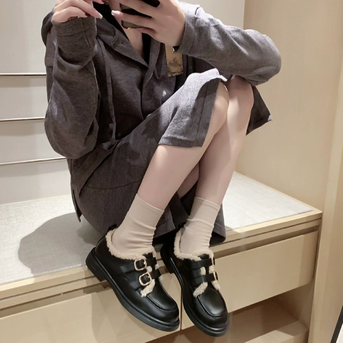 Лоферы, зимняя обувь, утепленные удерживающие тепло туфли на платформе, ремень, черная пряжка для кожаной обуви, 2023