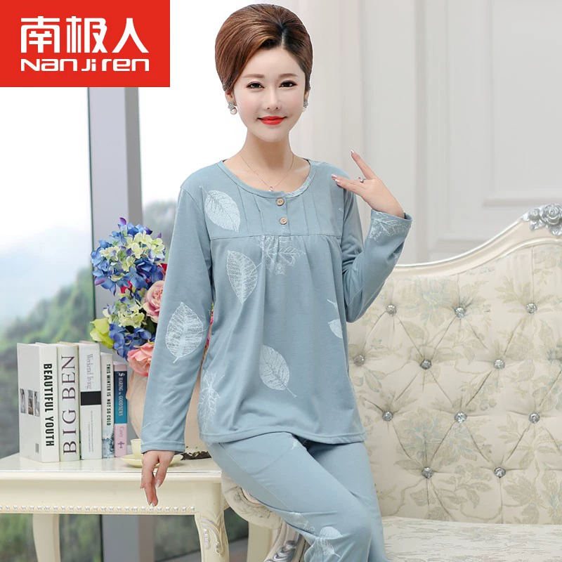 Mùa xuân và mùa thu trung niên mẹ đồ ngủ nữ cotton dài tay đồ ngủ phụ nữ trung niên mùa thu và mùa đông phù hợp với dịch vụ nhà - Nam giới