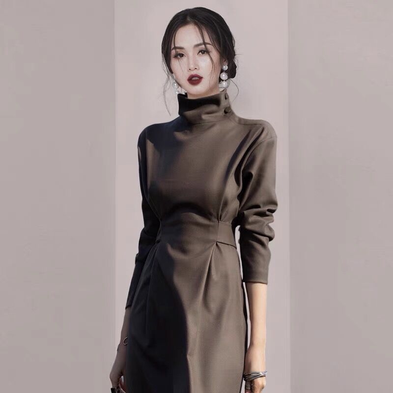 Gao Leng Yujie Style High Neck Long Sleeve Wool Dress Women's Fall/Winter French Backing Long Dress with Coat Fashion