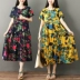 Mùa hè 2018 gió quốc gia mới của phụ nữ in hoa retro và vải lanh tay ngắn đầm rộng kích thước lớn đầm xòe - Sản phẩm HOT