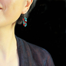 Серьги 素元 绿松石流苏足纯银耳环女原创民族风红绿配手工首饰品可订制