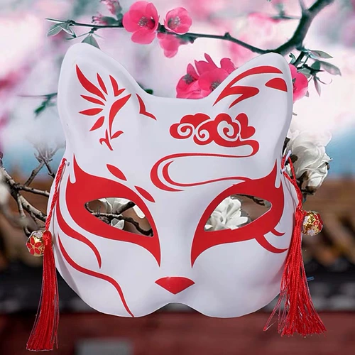 Fox Half -Face Mask Древнее стиль японские светлячки, двухмерное аниме, вибрато, вдали от людей, реквизит на Хэллоуин
