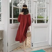 Hàn quốc phiên bản của mùa thu chic loose đoạn dài strapless từ cổ áo bảy điểm tay áo màu rắn áo thun váy cotton và linen dress