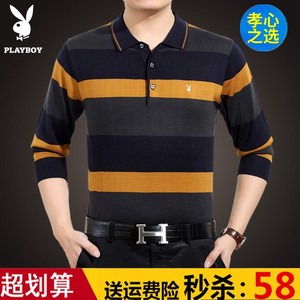 Playboy dài tay t-shirt nam ve áo phần mỏng lụa mùa xuân và mùa thu trung niên áo len lỏng cha nạp áo len cổ tim nam