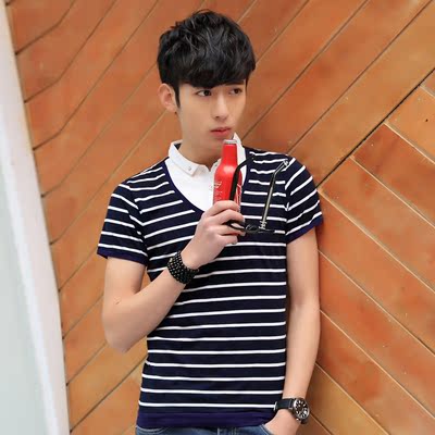 2017夏装短袖男士t恤翻领假两件条纹修身韩版小青年百搭t恤 9176