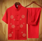 Net đỏ Tang phù hợp với nam ông nội cộng với quần áo phân bón để tăng gió cổ xưa lễ hội gió mùa hè hai mảnh mùa hè - Trang phục dân tộc