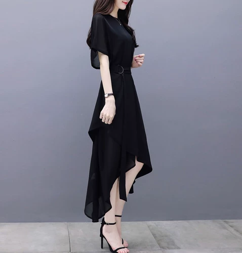 Платье, приталенная длинная юбка, черная шифоновая мини-юбка, 2019, средней длины, короткий рукав