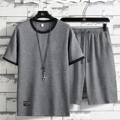 冰丝套装男夏季新款宽松大码休闲裤子运动套装男短袖五分裤两件套