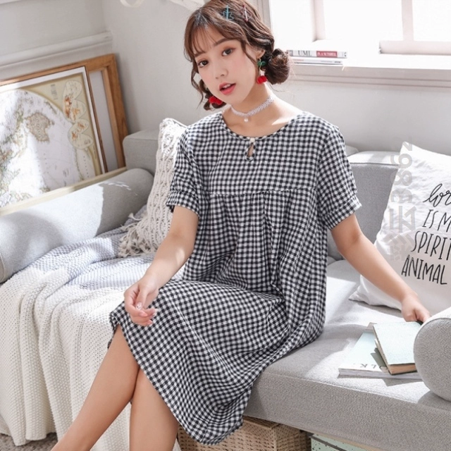 Sinh viên nữ sinh viên váy ngủ ngắn tay Xia Ke mặc ngoài 2020 Xia Mei váy dài xu hướng quần áo ở nhà giản dị - Đêm đầm
