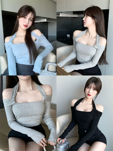 Новая осень чистая футболка женская сексуальная грудь демонстрирует большую якорную одежду фото-плеча-плеча-сладкая и пряная шея.