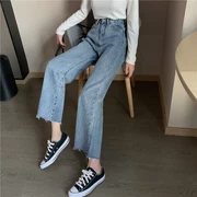 Thích hợp cho quần đùi dày nữ mùa xuân 2019 quần jeans mới học sinh quần cạp cao cạp cao ống rộng - Quần jean