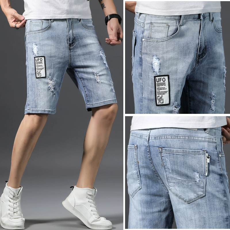 Mùa hè quần short denim nam sành điệu thương hiệu túi thẳng lớn Phiên bản Hàn Quốc của xu hướng quần năm điểm quần short nam lỗ denim - Quần short