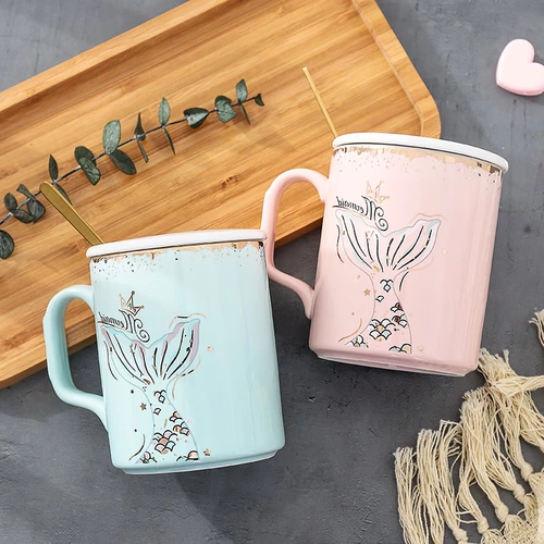 Nordic Style INS Рисование Джиншанг Закка Керамическая Кубка русалки с ложкой Creative Mark Cup Cuffes Cup Cup