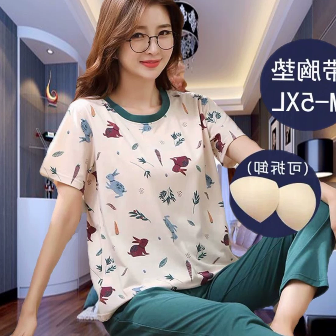 Bộ đồ ngủ nữ mùa hè ngắn tay cotton hai mảnh cộng với chất béo XL 200 kg chất béo MM với phần ngực mỏng phần mỡ cô gái m - Pyjama