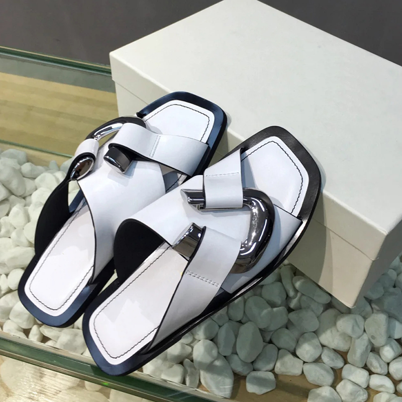 WhiteMX2021 summer new pattern European station Internet celebrity Retro Metal buckle Barefoot soft sole slipper Square head Flat heel female Sandals