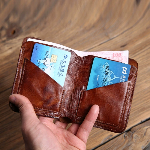 Маленький короткий ультратонкий небольшой дизайнерский кожаный ретро бумажник, из натуральной кожи, воловья кожа, изысканный стиль