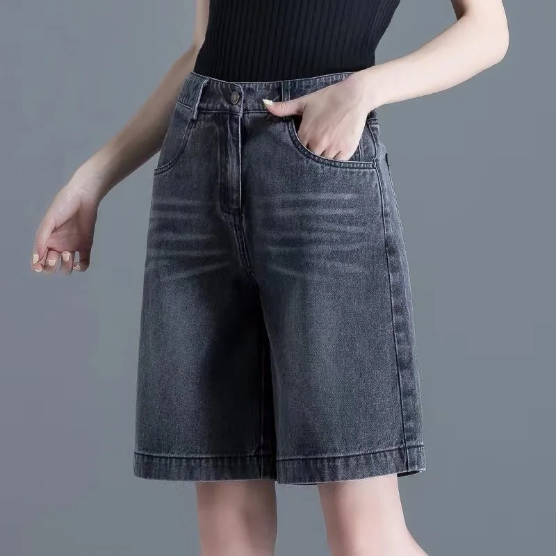 High-waisted loose wide-leg five-inch denim shorts for women's summer, a slim 2022 new style wide-leg mid-length pants details Picture