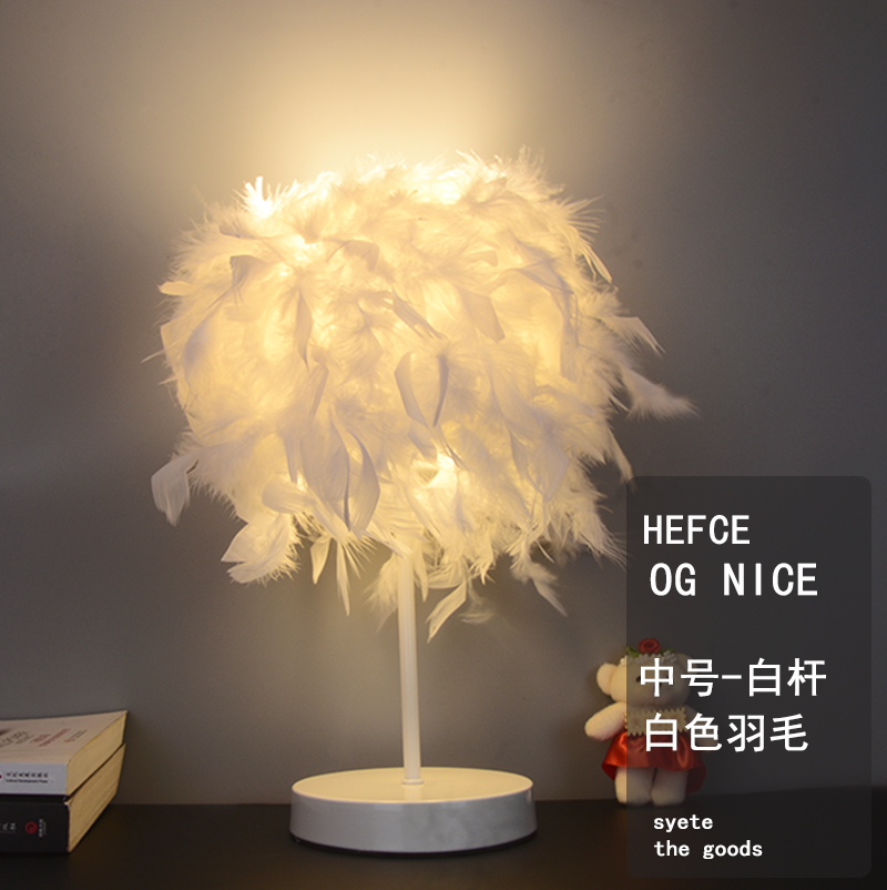 (Medium White Pole) Eye Protection Bulb-9wInternet celebrity Feather Desk lamp girl ins Decorative lamp sleep nurse cozy remote control dream bedroom Bedside Night light
