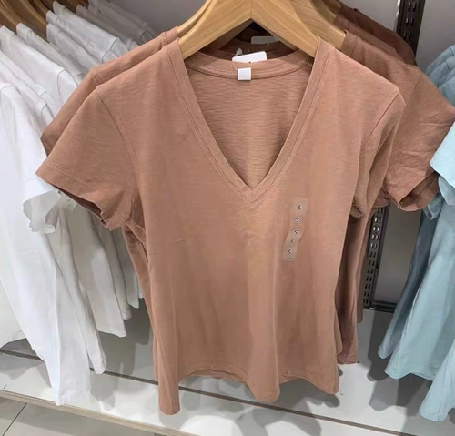 Umiqio/u Home 2023 Летняя универсальная повседневная простой простая бамбуковая писательская пряжа V-образный выстрел футболка с коротки