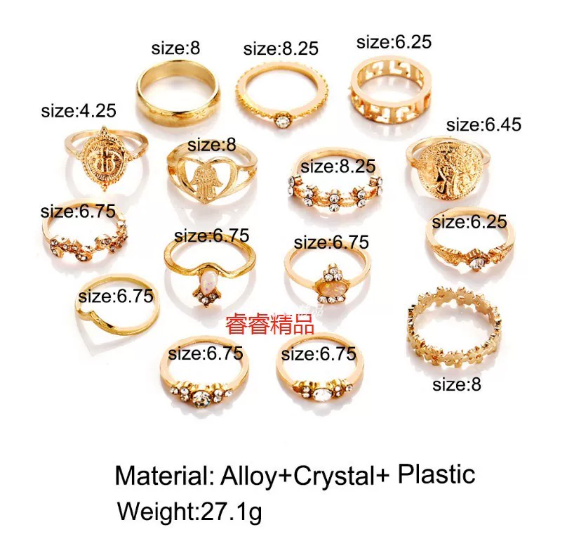 Ring set 15 pcs, vintage women's gold-tone joint/stackable rings, mixed styles