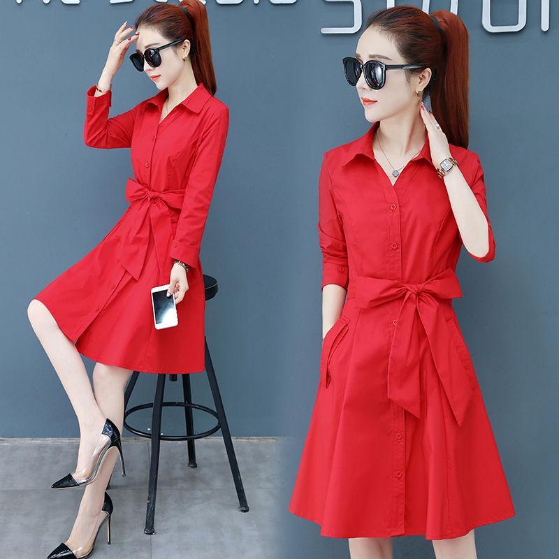 连衣裙女春秋2020春装新款韩版时尚长袖中长款红色衬衫裙
