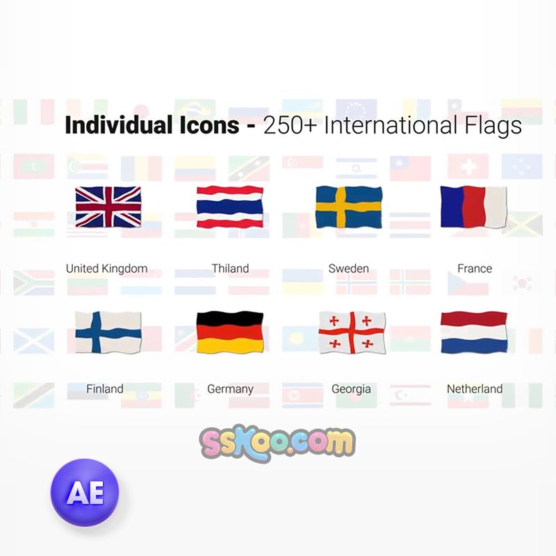 世界各国旗帜国旗飘动图标动画动态AE视频影视模板AEP工程文件
