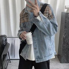 潮牌牛仔夾克男ins春秋青少年港風韓版格子拼接寬鬆休閒外套學生