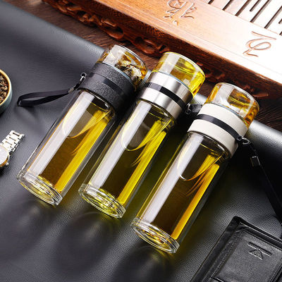 茶水分离泡茶杯双层玻璃杯子家用男士水杯男大容量简约商务隔热杯