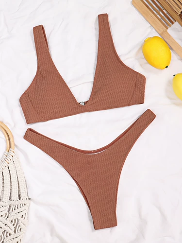 Коричневый сексуальный пляжный раздельный купальник, коллекция 2021, европейский стиль, V-образный вырез