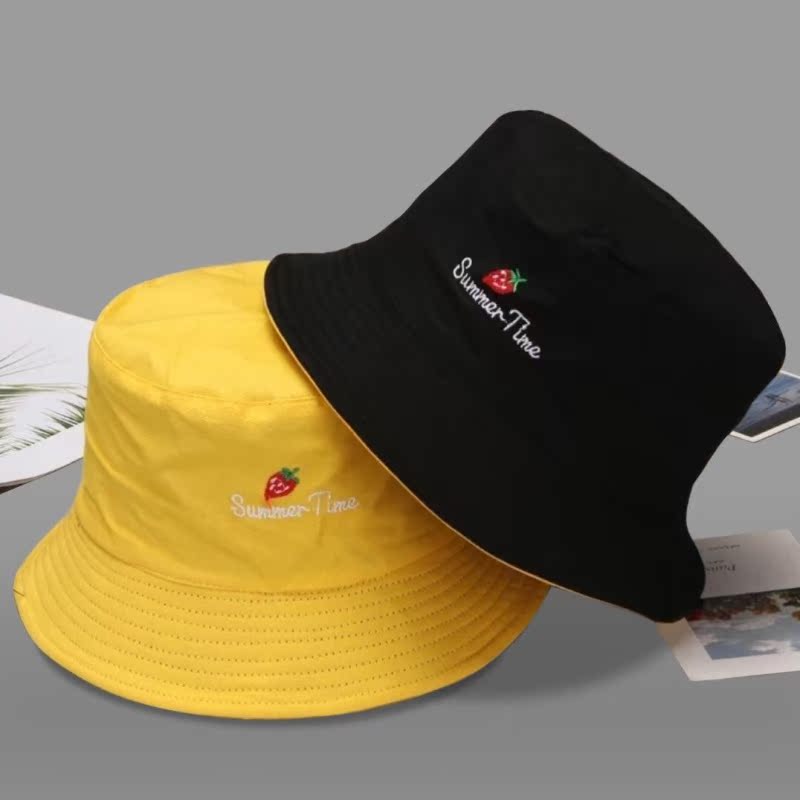Double Sided Wear (Strawberry Black Yellow) - K64Double sided wear Hat female Women's hat two-sided Embroidery Versatile Basin cap Fisherman hat men and women lovely student Korean version