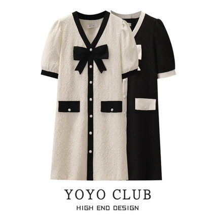 YOYO CLUBビッグサイズレディース小香セレブ風Vネックワンピース夏の高級感リボン雰囲気スカート