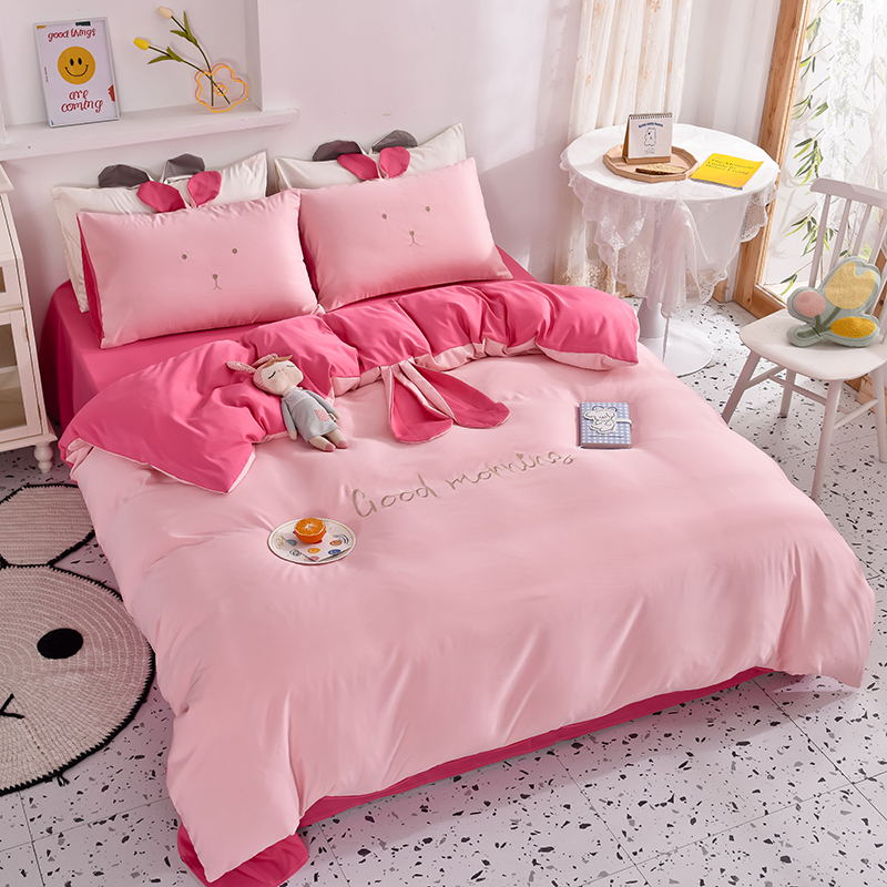 Style 6real silk Ice smooth Solid color Two color Rabbit ears summer quilt Sleep naked Princess style Sheet and fitted sheet piece cover pillow case Four piece suit