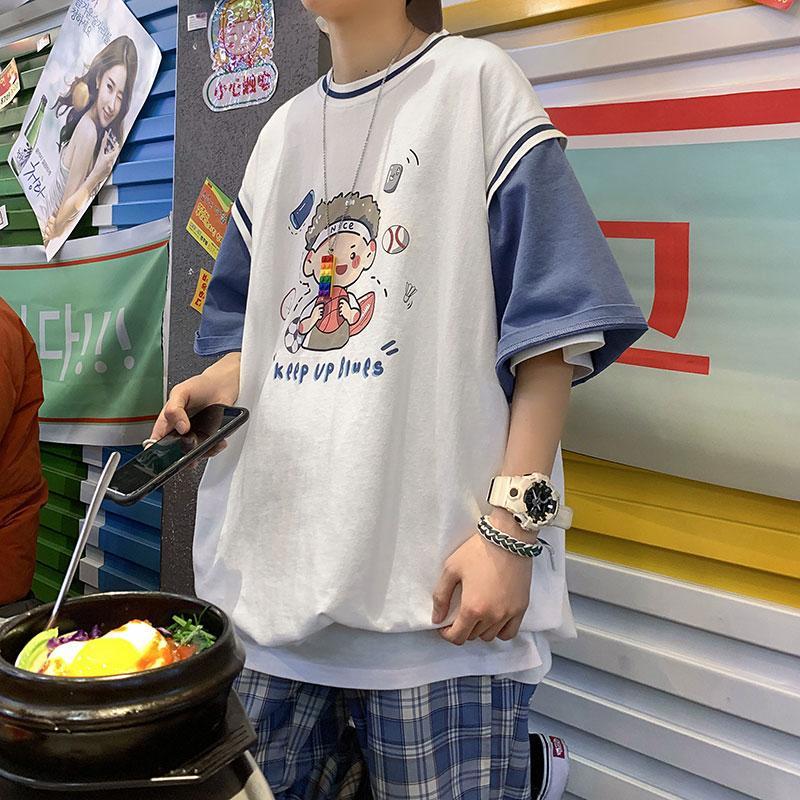 港风夏季新款假两件短袖T恤男ins韩版学生宽松潮牌球衣青少年上衣