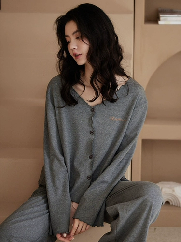 Осенняя демисезонная пижама, хлопковый лонгслив, кардиган, однотонный комплект, V-образный вырез, простой и элегантный дизайн