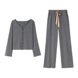 Осенняя демисезонная пижама, хлопковый лонгслив, кардиган, однотонный комплект, V-образный вырез, простой и элегантный дизайн