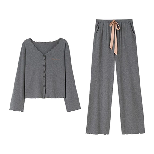 Осенняя демисезонная пижама, хлопковый лонгслив, кардиган, однотонный комплект, V-образный вырез, простой и элегантный дизайн