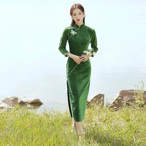 Зеленое ципао, легкий элитный ретро лонгслив, 2023, премиум класс, светлый стиль, китайский стиль, осеннее, яркий броский стиль