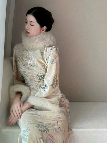 Бархатное утепленное ципао, платье, увеличенная толщина, китайский стиль, коллекция 2023