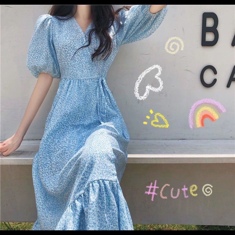 Picture Colorlonguette tender French first love Hepburn rouje Broken flower puff sleeve blue Sweet Dress children summer