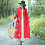 Mùa thu và mùa đông quần áo mới phong cách quốc gia phụ nữ retro thêu cotton jacquard kích thước lớn phần dài cổ áo nút áo gió bên ngoài bìa