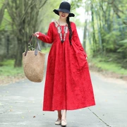 Mùa thu đông mới phong cách dân tộc phụ nữ Trung Quốc phong cách cotton jacquard retro thêu tay dài thon váy dài