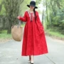 Mùa thu đông mới phong cách dân tộc phụ nữ Trung Quốc phong cách cotton jacquard retro thêu tay dài thon váy dài đầm thun suông dài qua gối