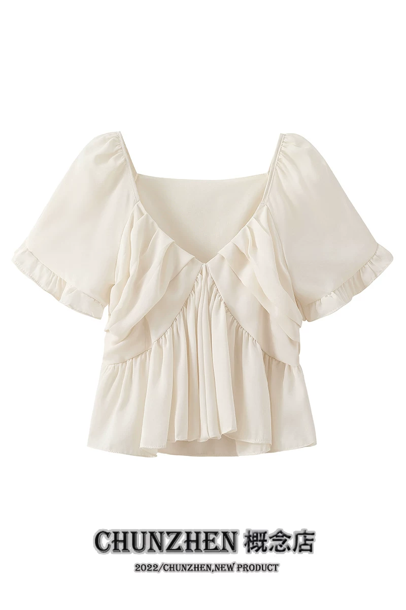 Дизайн-ремень? Wait this seems off. Translate: Design brace, summer shiffon short shirt, V-neckline, trend of season, french style