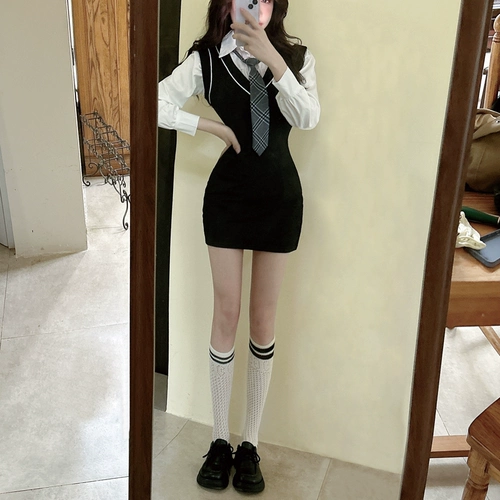 Комплект, платье, лонгслив, в американском стиле, в британском стиле, осенний, с акцентом на бедрах